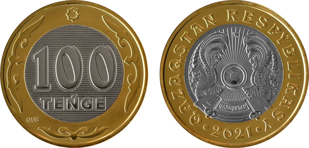 100 тенге: слева номинал и TEŃGE, справа герб и дата 2021